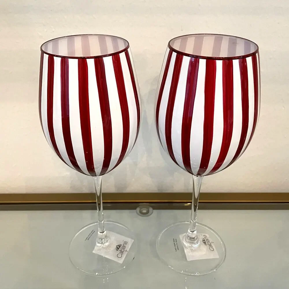 Cabana Red Striped Wine Goblet Glass Set of 2 Holiday NEW